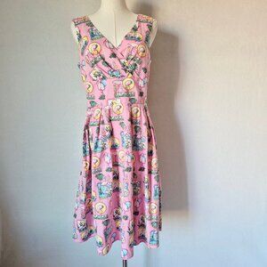 Hell Bunny Vixen Retro Pink Flamingo Swing Dress Sleeveless V-Neck Pocket